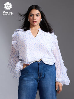 Twenty Dresses by Nykaa Fashion - Curve White And Blue Floral Print Ruffled V Neck Top