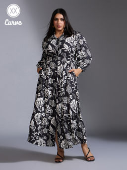 Twenty Dresses by Nykaa Fashion - Curve Black And White Floral Print Tiered Ankle Length Shirt Dress
