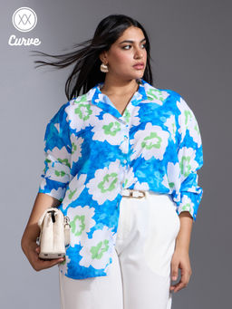 Twenty Dresses by Nykaa Fashion - Curve Blue and White Floral Print Full Sleeves Satin Shirt