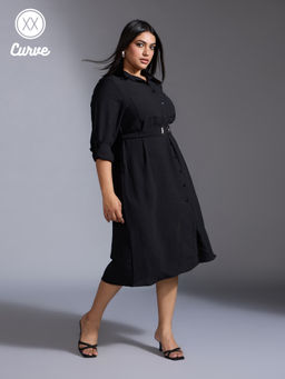 Twenty Dresses by Nykaa Fashion - Curve Black Solid Full Sleeves Midi Dress with Belt (Set of 2)