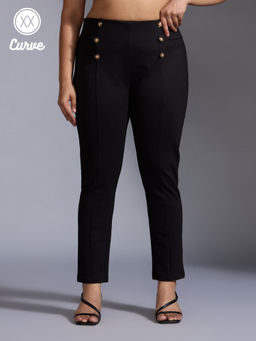 Twenty Dresses by Nykaa Fashion - Curve Black Solid High Waist Button Detail Skinny Fit Jeggings