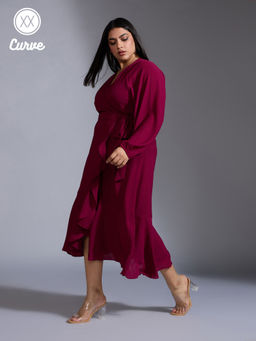 Twenty Dresses by Nykaa Fashion - Curve Wine V Neck Bishop Full Sleeves Midi Wrap Dress