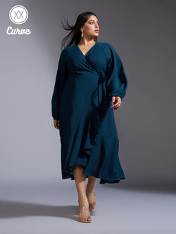 Twenty Dresses by Nykaa Fashion - Curve Prussian Blue V Neck Bishop Sleeves Midi Wrap Dress