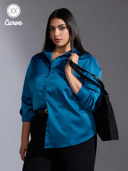 Twenty Dresses by Nykaa Fashion - Curve Teal Solid Full Sleeves Classic Satin Shirt