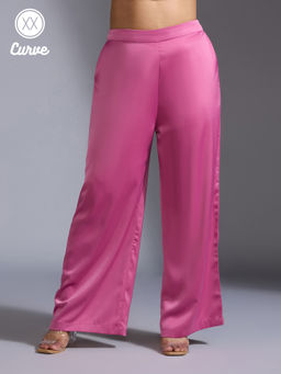 Twenty Dresses by Nykaa Fashion - Curve Pink Solid High Waist Wide Leg Satin Pants