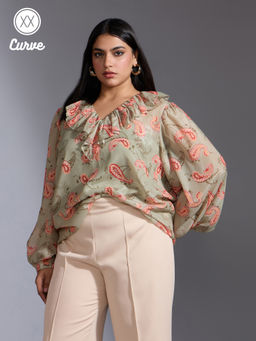 Twenty Dresses by Nykaa Fashion - Curve Light Green Paisley Print V Neck Ruffled Top with Inner