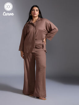Twenty Dresses by Nykaa Fashion - Curve Brown Solid Drop Shoulder Shirt Straight Fit High Waist Pants Co Ord Set