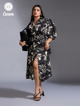 Twenty Dresses by Nykaa Fashion - Curve Black and Off White Half Puff Sleeves Midi Shirt Dress