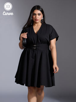 Twenty Dresses by Nykaa Fashion - Curve Black Solid V Neck Short Sleeves Skater Dress