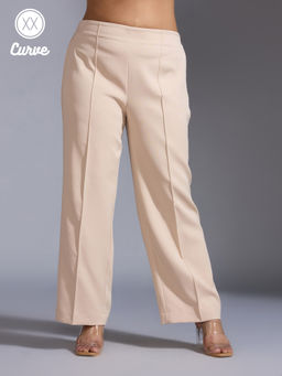 Twenty Dresses by Nykaa Fashion - Curve Beige Solid High Waist Pin Tuck Straight Fit Pants
