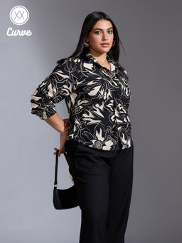 Twenty Dresses by Nykaa Fashion - Curve Black Floral Print Collar Neck Full Sleeves Top
