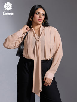 Twenty Dresses by Nykaa Fashion - Curve Beige Solid Tie Up V Neck Full Sleeves Pleated Top