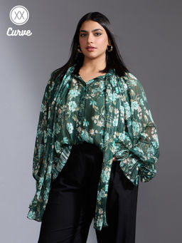 Twenty Dresses by Nykaa Fashion - Curve Green Floral High Tie Up Neck Raglan Sleeves Top