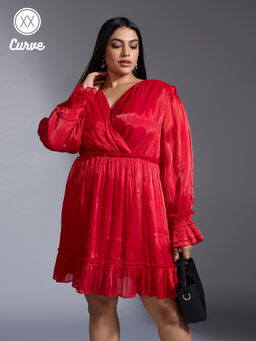 Twenty Dresses by Nykaa Fashion - Curve Tomato Red Solid Bishop Sleeve Fit and Flare Mini Dress