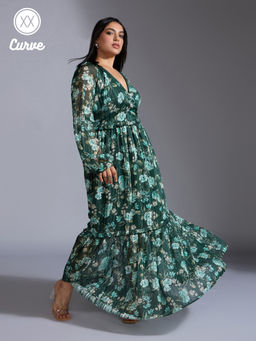 Twenty Dresses by Nykaa Fashion - Curve Green Floral Print Raglan Sleeves Tiered Maxi Dress