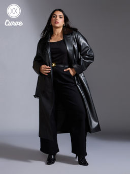 Twenty Dresses by Nykaa Fashion - Curve Black Lapel Collar Leather Overcoat with Belt (Set of 2)