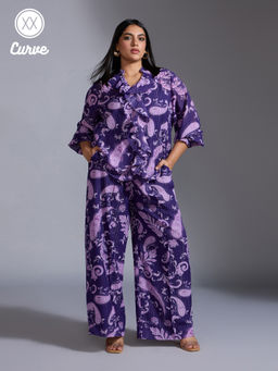 Twenty Dresses by Nykaa Fashion - Curve Purple Paisley Print Full Sleeves Ruffled Top