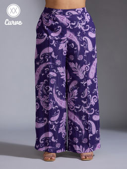 Twenty Dresses by Nykaa Fashion - Curve Purple Paisley Print High Waist Straight Fit Pants
