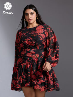 Twenty Dresses by Nykaa Fashion - Curve Black Floral Draped Bishop Sleeves Mini Dress