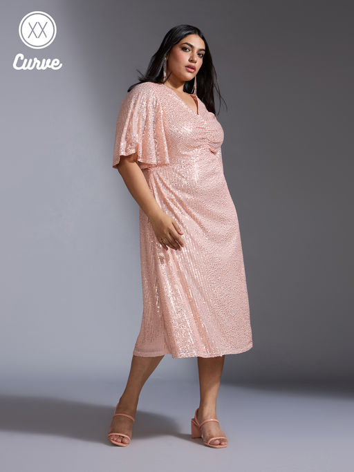 Buy Twenty Dresses by Nykaa Fashion Curve Party Light Pink Sequinned Frill  Sleeves Midi Dress (XXL) Online