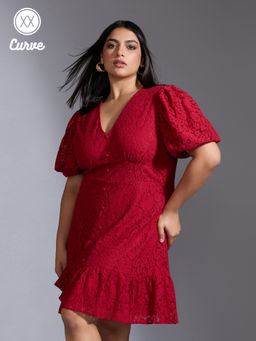Twenty Dresses by Nykaa Fashion - Curve Party Red Lace Self Design V Neck Short Mini Dress