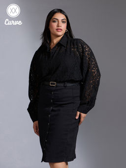 Twenty Dresses by Nykaa Fashion - Party Curve Black Self Design Full Sleeves Lace Shirt