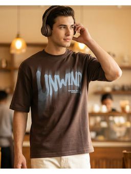 Bewakoof - Chocolate Brown Unwind Typography Printed Oversized T-Shirt