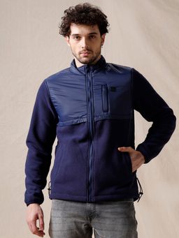 WROGN - Navy Blue Hybrid Solid Fleece Jacket