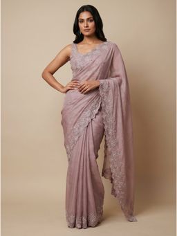 Dress & Dazzle - Mauve Pink Embroidered Saree with Unstitched Blouse
