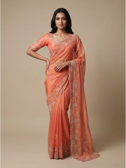 Dress & Dazzle - Orange Embroidered Embellished Saree with Unstitched Blouse