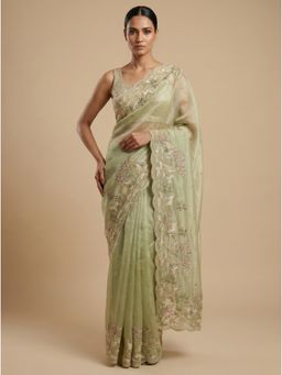 Dress & Dazzle - Pista Green Embroidered Saree with Unstitched Blouse