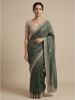 Dress & Dazzle - Forest Green Embellished Saree with Unstitched Blouse