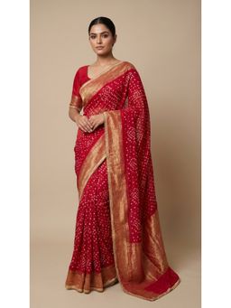 Dress & Dazzle - Ruby Red Chiffon Bandhani Printed Saree with Unstitched Blouse