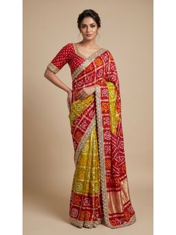 Dress & Dazzle - Olive Bandhani Printed Saree with Unstitched Blouse