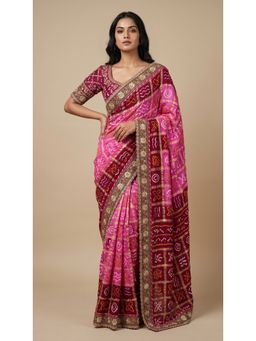 Dress & Dazzle - Pink and Maroon Bandhani Printed Saree with Unstitched Blouse
