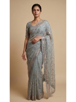 Dress & Dazzle - Sky Blue Embellished Saree with Unstitched Blouse