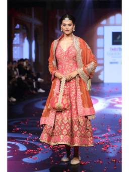 QAIYNAT - Peach Zari and Aari Work Anarkali Kurta with Rust Bansari Dupatta