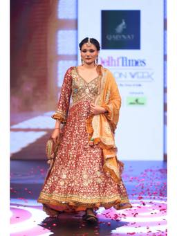 QAIYNAT - Rust Sequence and Mirror Work Anarkali Kurta with Dupatta