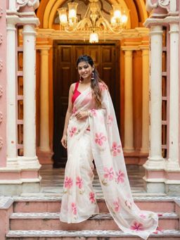 Aparna - Off White Floral Printed Design Tissue Saree Without Blouse