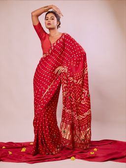 Aparna - Red Bandhani Printed Saree Without Blouse