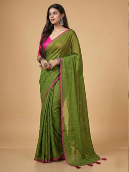Aparna - Parot Green Pink Border Mul Cotton Saree Without Blouse