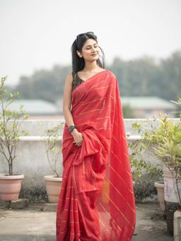 Aparna - Golden Striped Cherry Red Premium Cotton Saree Without Blouse