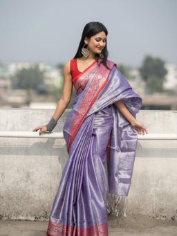 Aparna - Lavender Dual Tone Ragga Tissue Red Border Saree Without Blouse