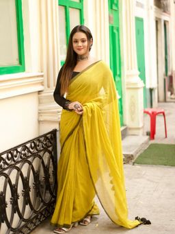 Aparna - Canary Yellow and Black Border Mul Cotton Saree Without Blouse
