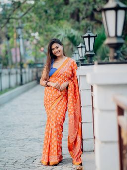 Aparna - Orange Mulmul Cotton Printed Saree Without Blouse