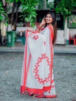 Aparna - White and Red Combination Pure Cotton Saree Without Blouse