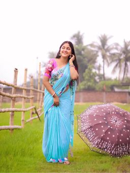 Aparna - Sky Blue Hand Printed Mul Cotton Saree Without Blouse