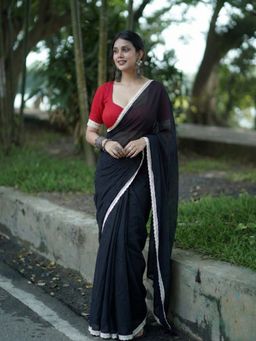 Aparna - Black White Cotton Lace Border Saree Without Blouse