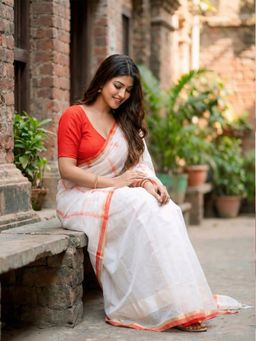 Aparna - White and Red Handloom Cotton Saree Without Blouse