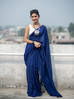 Aparna - Navy Blue Solid Khadi Cotton Saree Without Blouse